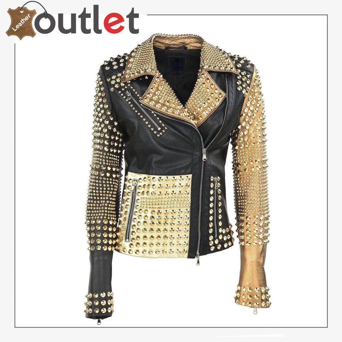 Golden studded black Brando leather jacket for women, front view