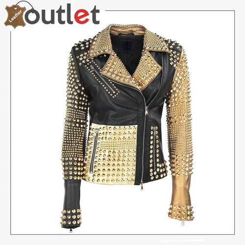 Stylish Golden Studded Black Brando Leather Jacket