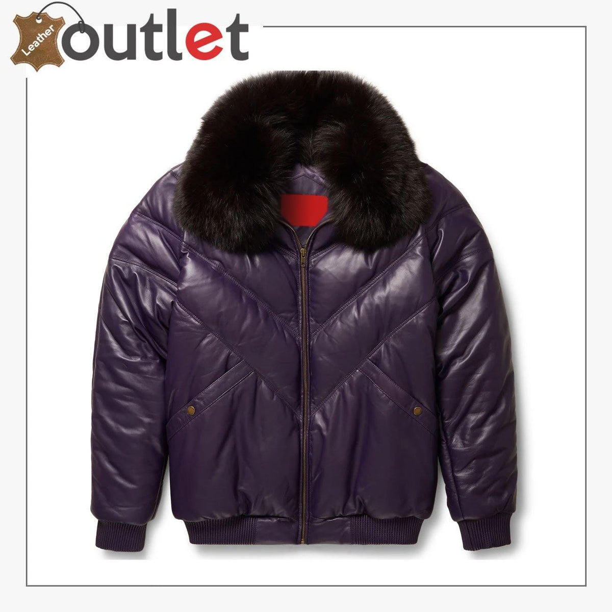 Deep purple leather V bomber jacket with fur collar, front view