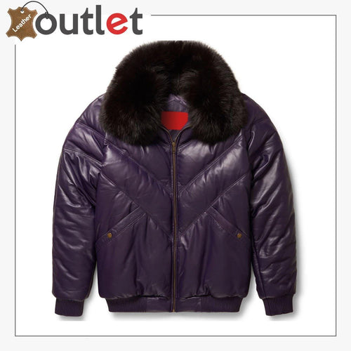 Stylish Look Purple Leather V Bomber Jacket