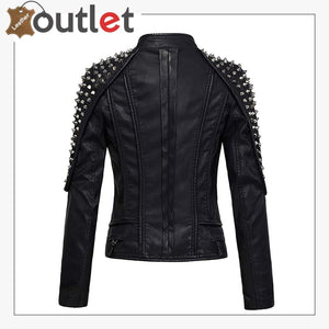 Stylish Oblique Zip Slimming Studded Leather Jacket