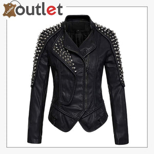 Stylish Oblique Zip Slimming Studded Leather Jacket