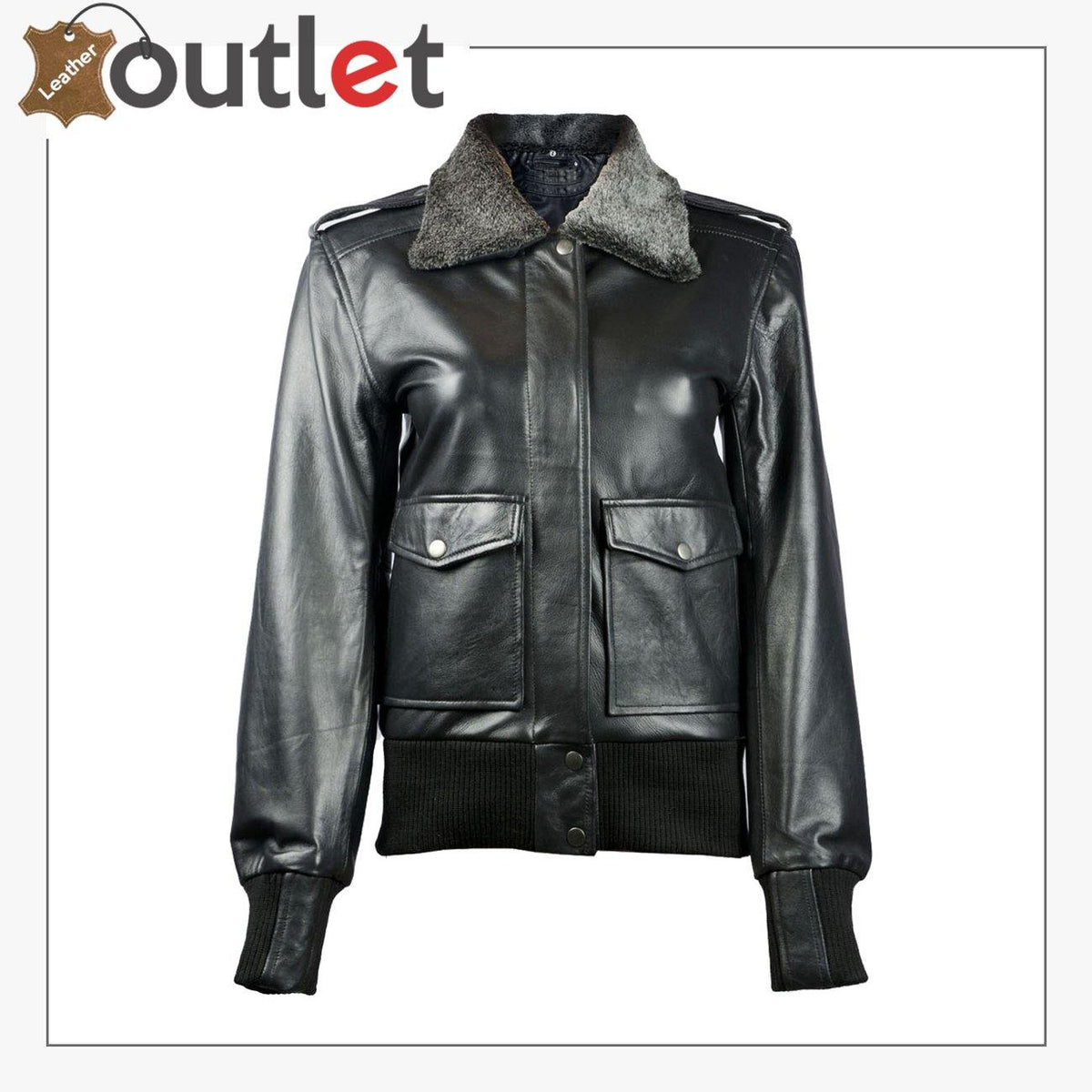 Sundance black leather bomber with shearling collar for women, front view