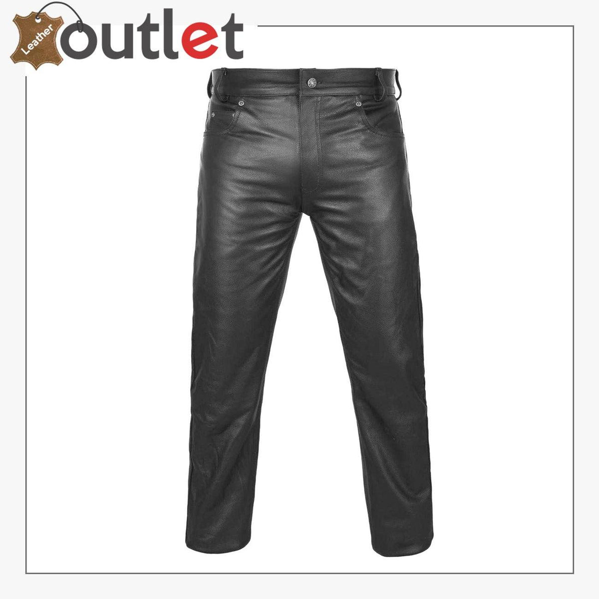 Men's thick cowhide leather motorcycle jeans in black, front view with five pocket layout