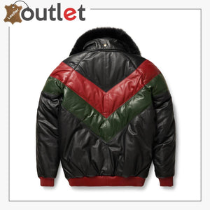 Three-Tone Red, Green And Black V-Bomber Leather Jacket