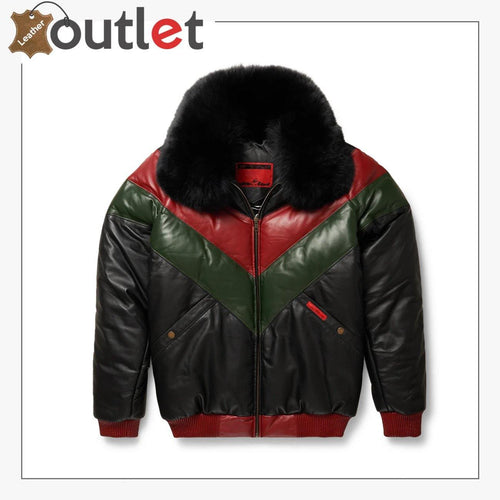 Three-Tone Red, Green And Black V-Bomber Leather Jacket