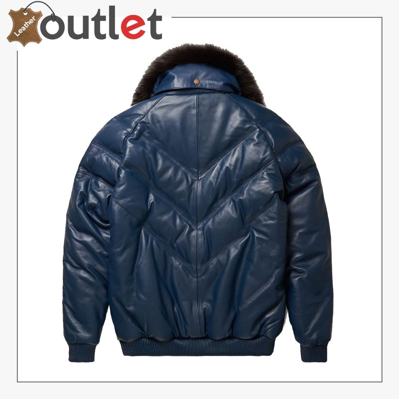Top Rated Navy Leather V Bomber Jacket