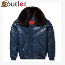 Load image into Gallery viewer, Top Rated Navy Leather V Bomber Jacket
