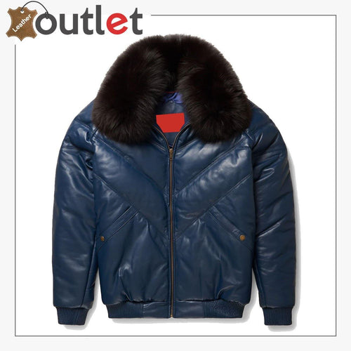 Top Rated Navy Leather V Bomber Jacket