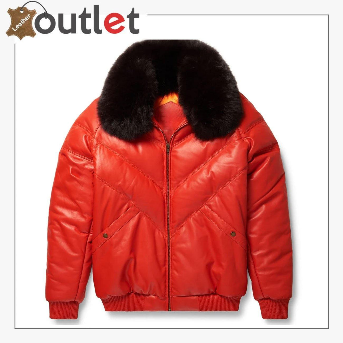 Orange leather V bomber jacket with fur collar for men, front view