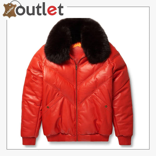 Top Saller Orange Leather V Bomber Jacket for Mens