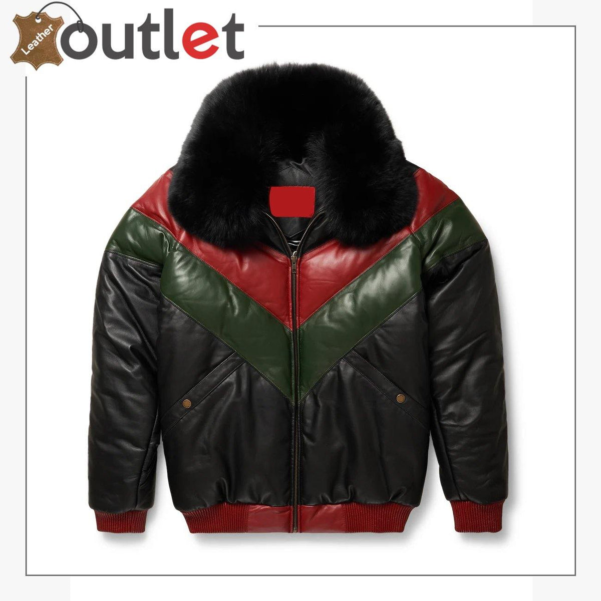 Two tone red and green mens V bomber leather jacket, front view with contrast panels