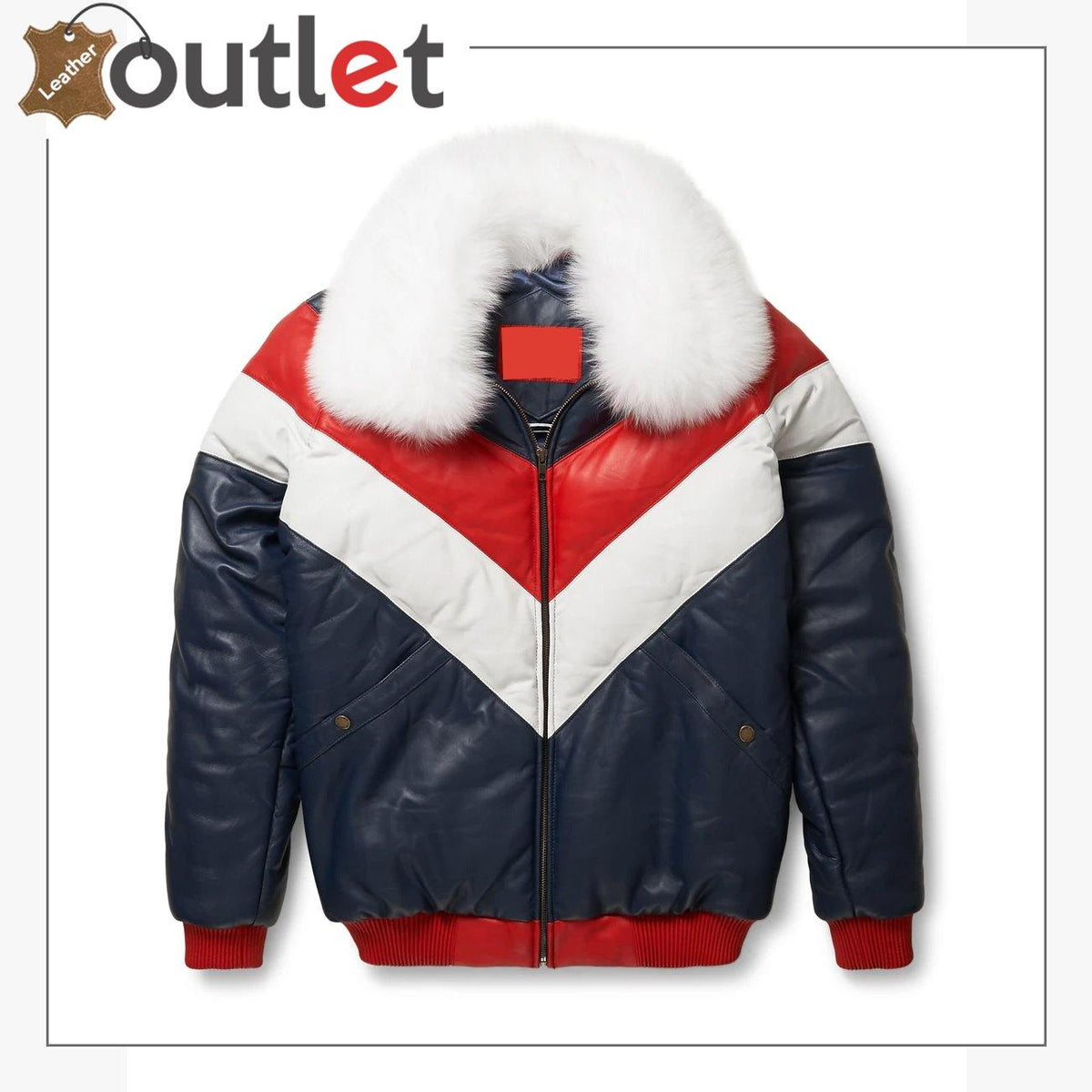 Two-tone red and white V bomber leather jacket, front view with contrast V panel and fur collar