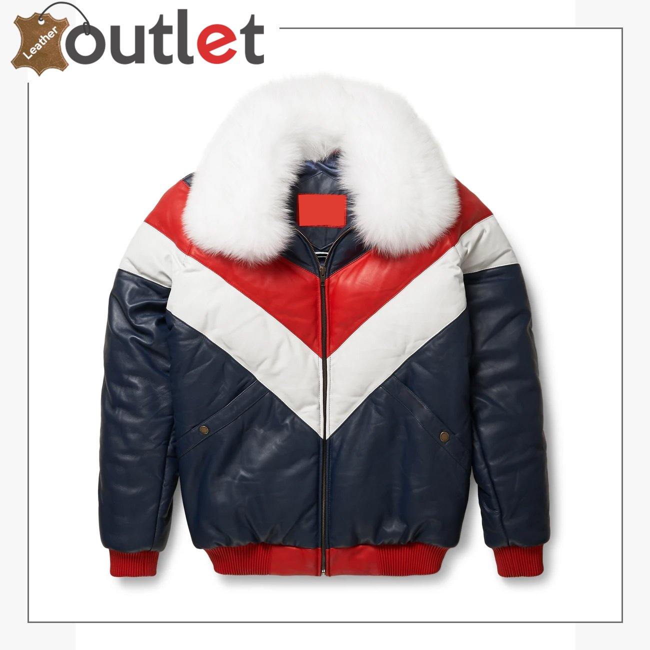 Two-Tone Red and White V Bomber Leather Jacket - Leather Outlet