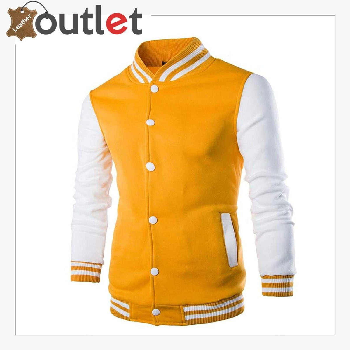 Two tone yellow and white leather varsity jacket for men, front view