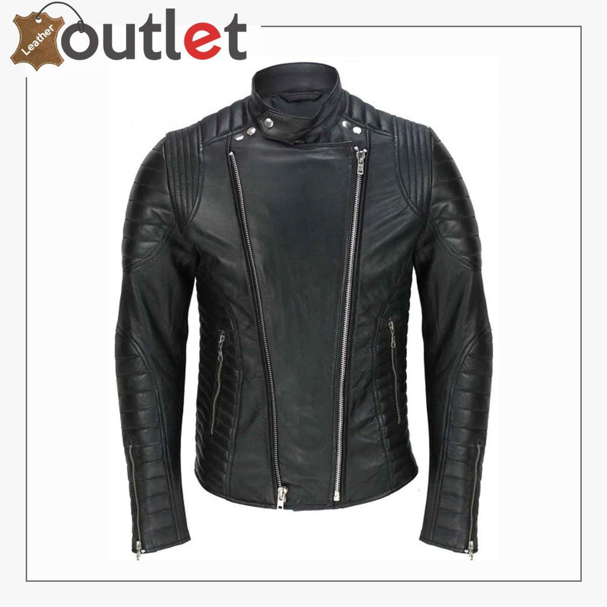 Vintage designer quilted panel sheep leather jacket in black, front view with diamond quilted shoulders