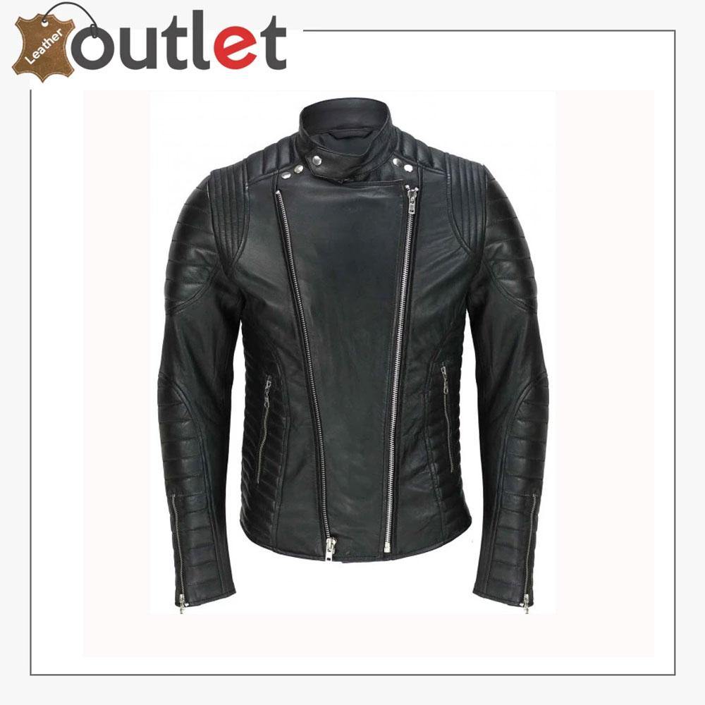 Vintage quilted panel sheep leather jacket for men in black