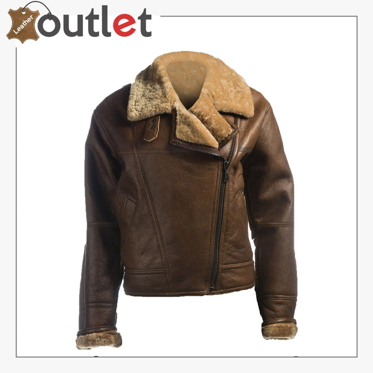 Women brown shearling leather jacket in real sheepskin, front view