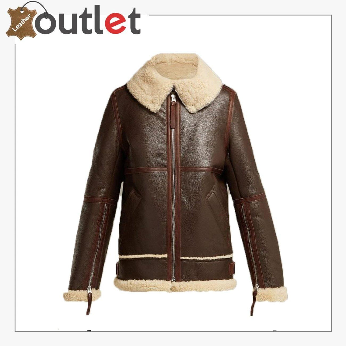 Women coffee brown shearling leather jacket in real sheepskin, front view