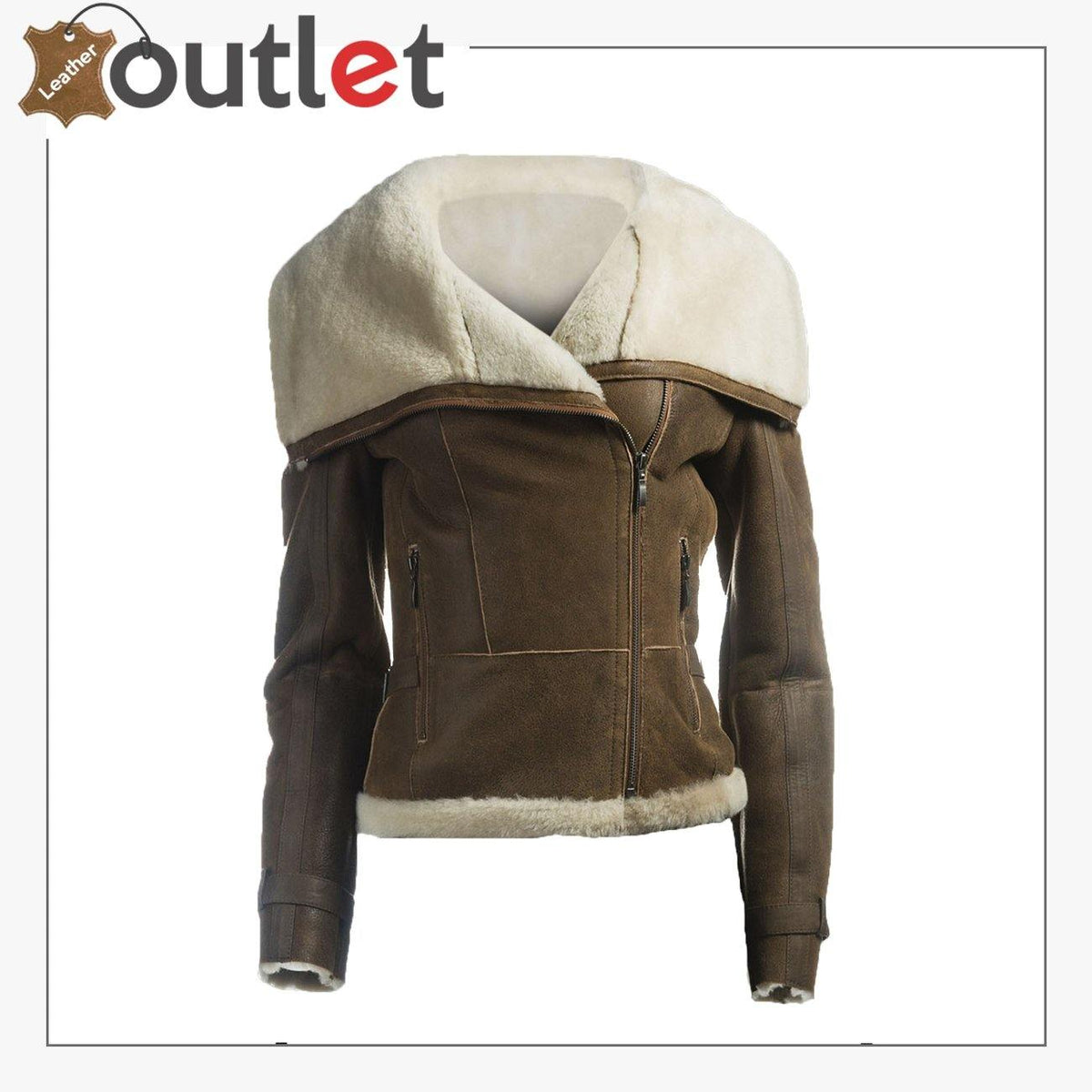 Women oversize fur collar leather jacket with shearling collar turned up