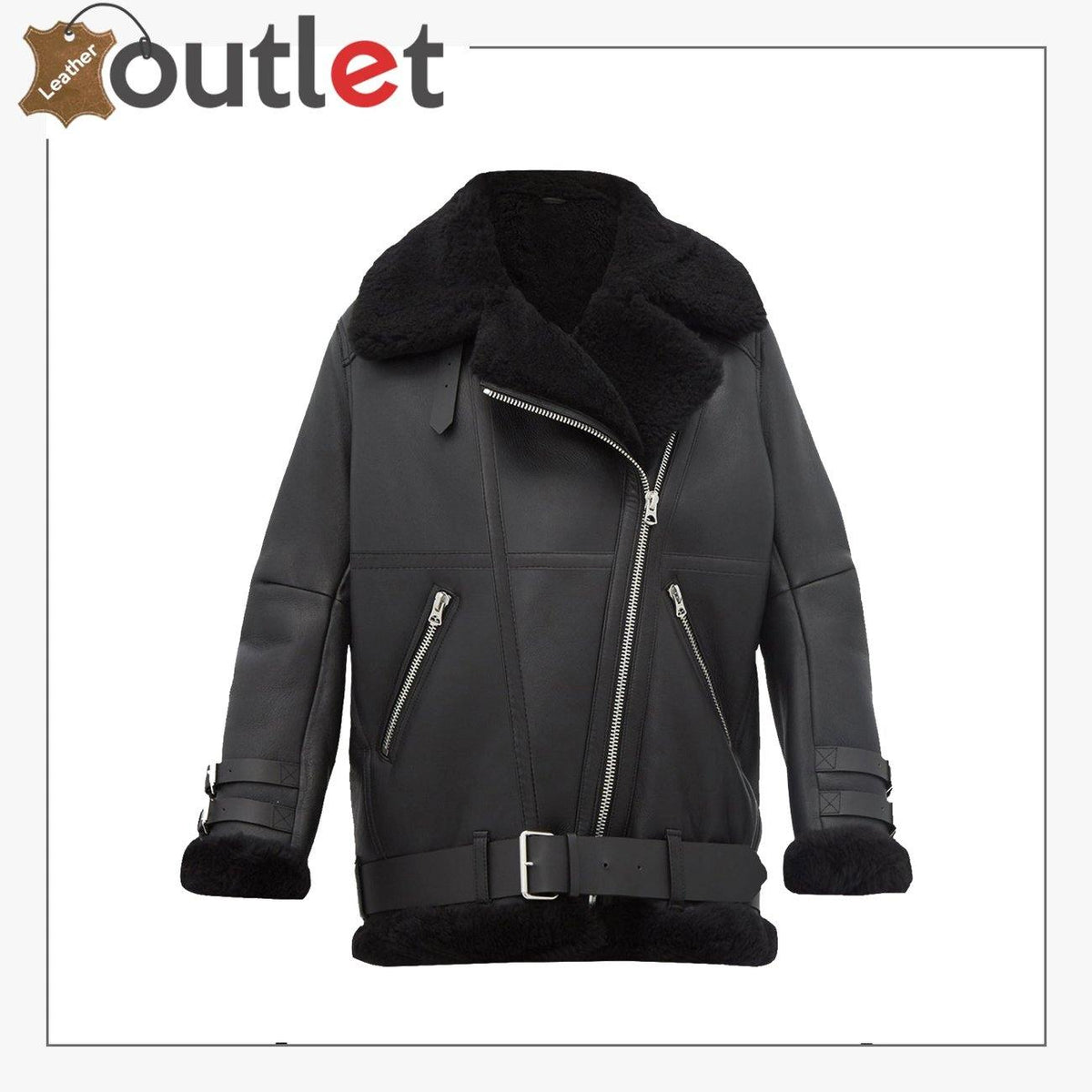 Women pitch black B3 shearling leather jacket with buckle collar, front view