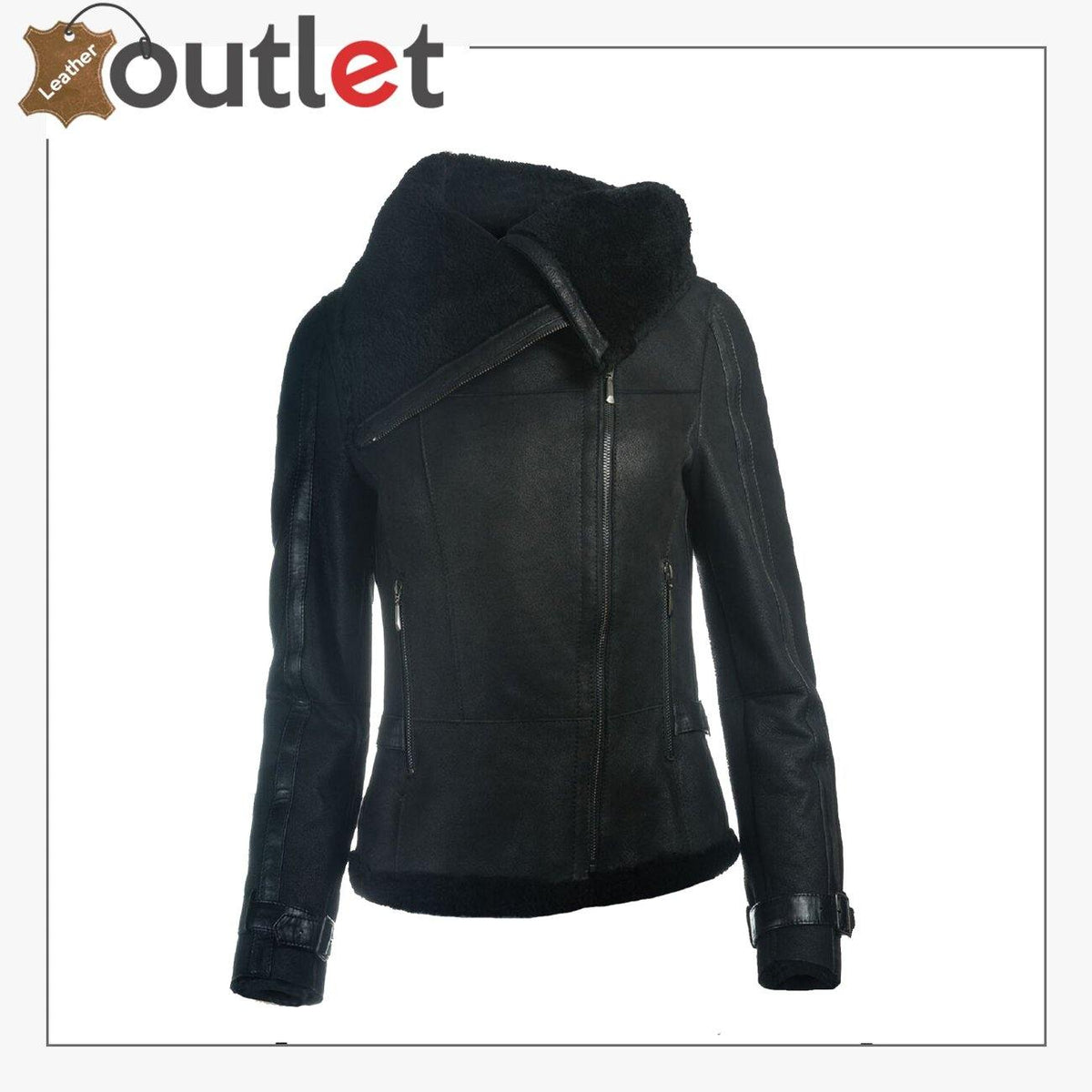 Women sheepskin jacket with oversized shearling collar, front view