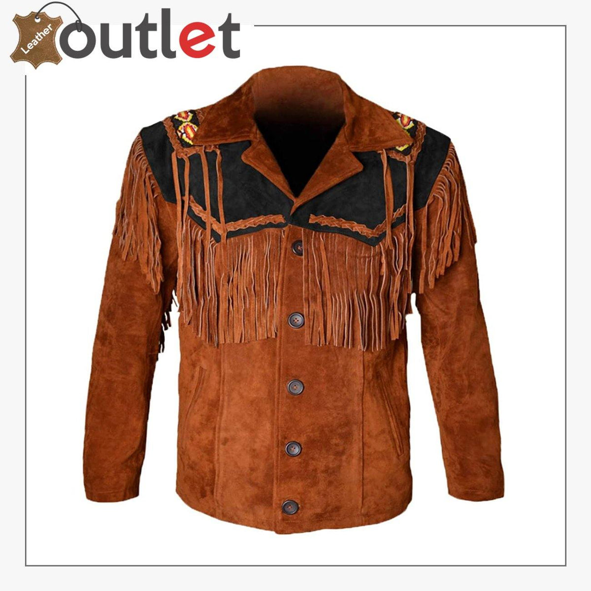 Western cowboy brown fringed suede leather jacket, front view with chest yoke fringe