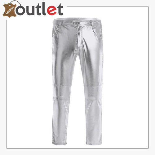 White Color Disco Nigh Club Leather Metallic Straight Pant Trouser