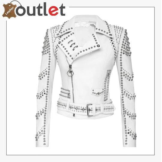 White lambskin perfecto spike-stud biker jacket, front view