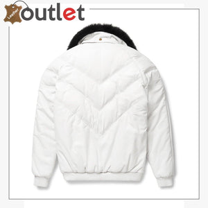 White Leather V Bomber Jacket - Leather Outlet