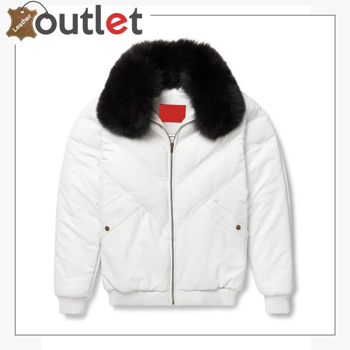 White leather V bomber jacket with fur collar, front view showing clean V panel seam
