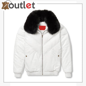 White Leather V Bomber Jacket - Leather Outlet