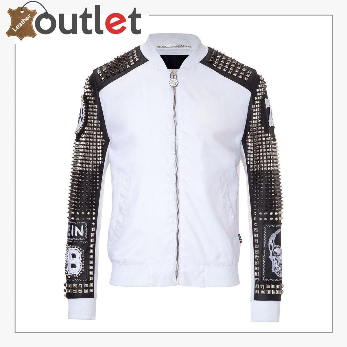 White punk leather jacket with silver studs and embroidered patches, front view