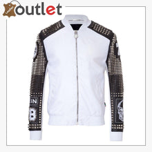 Load image into Gallery viewer, White Styles Silver Studded Embroidery Patches Punk Leather Jacket
