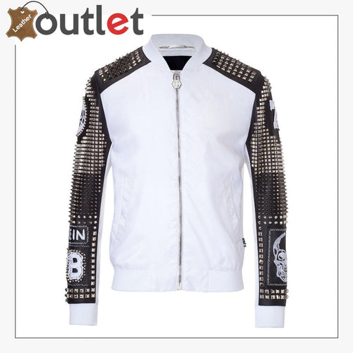 White Styles Silver Studded Embroidery Patches Punk Leather Jacket