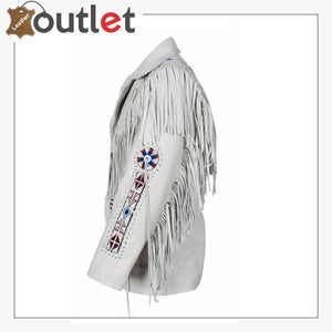 White Western Style Genuine Finished Cow Leather jacket - Leather Outlet