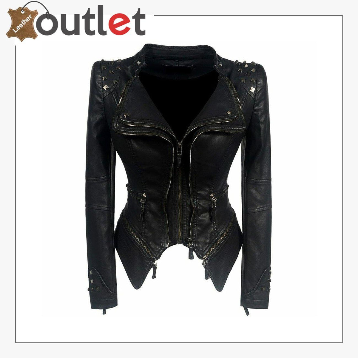 Women wearing black winter motorcycle leather jacket with quilted lining, front view