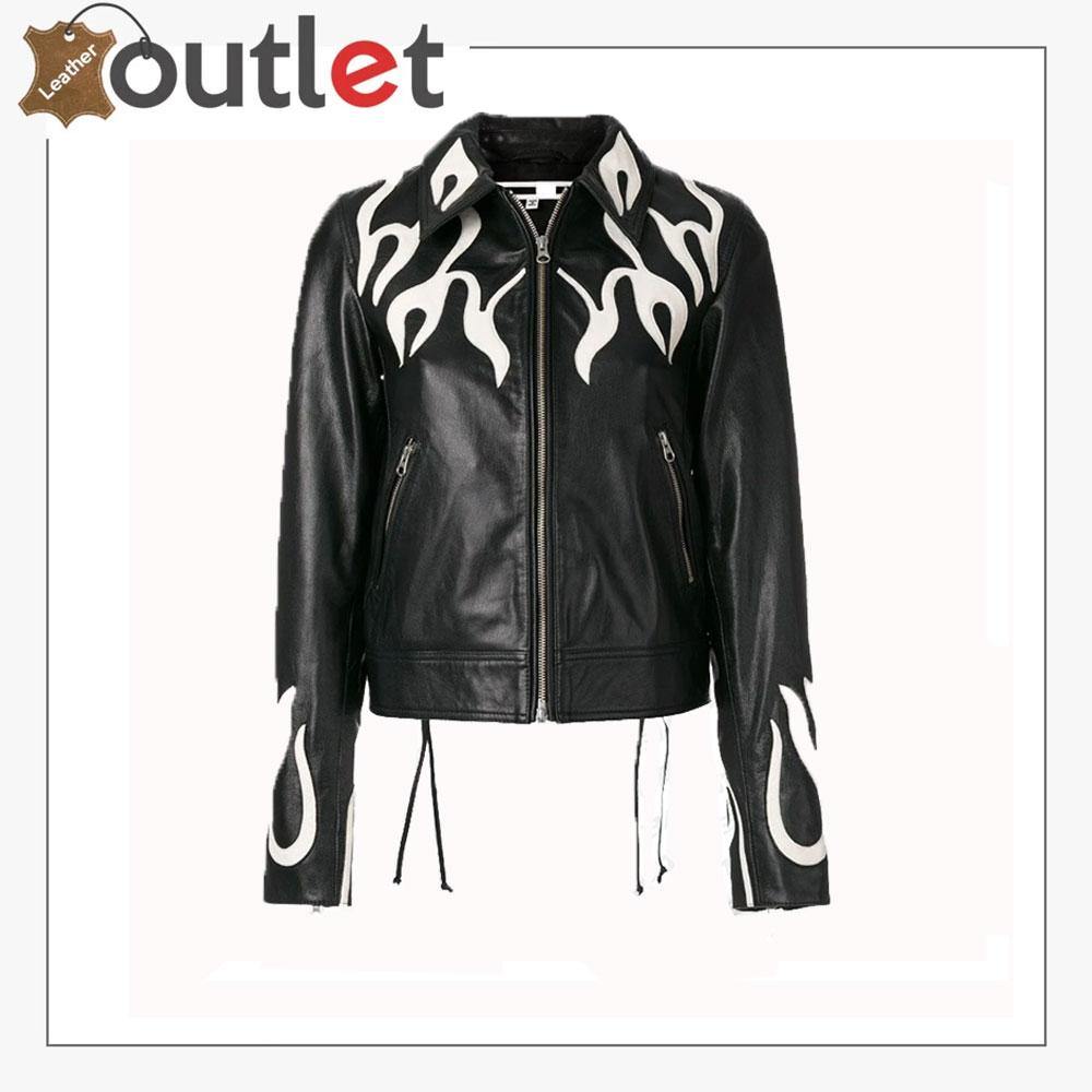 Womens flame effect printed leather jacket in real hide