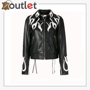 Women Fashion Printed Flame Effect Leather Jacket
