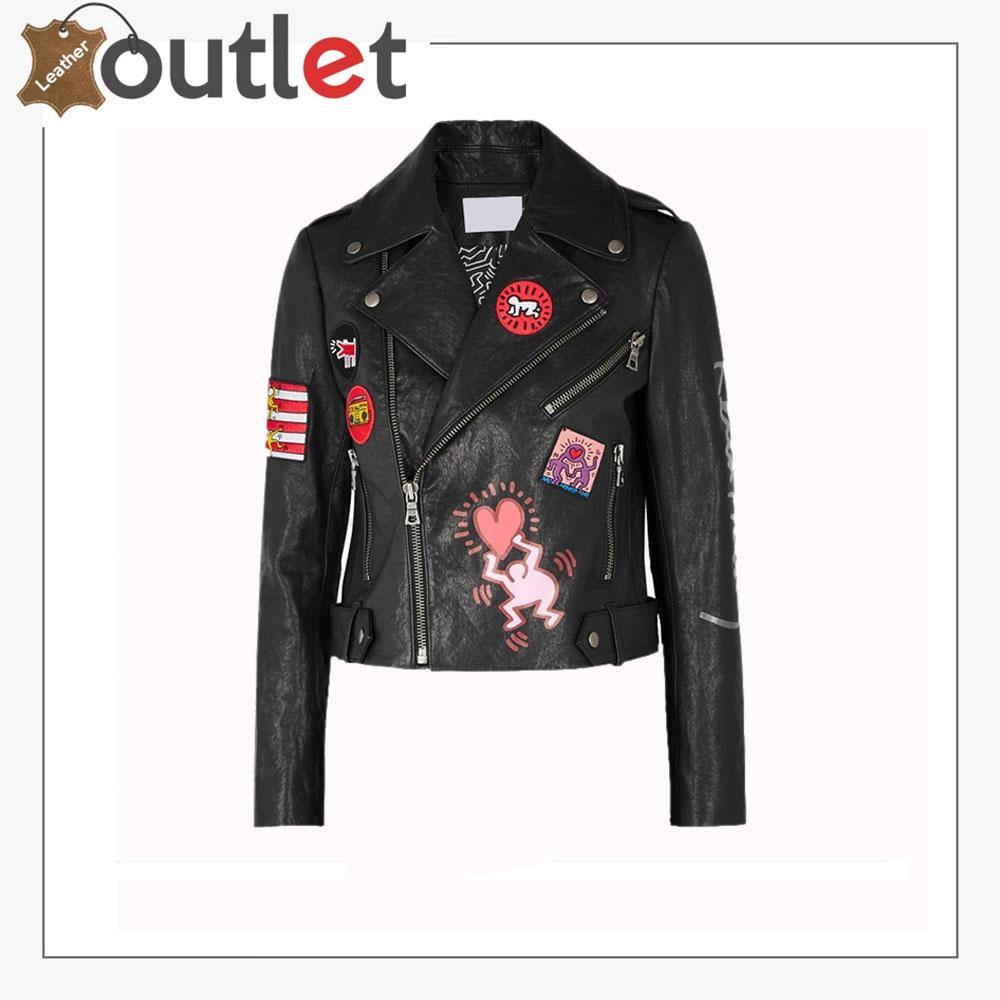 Womens printed leather jacket in real hide with surface printed design