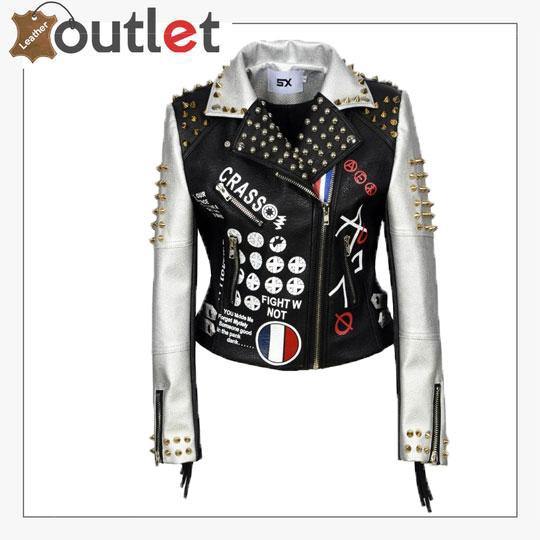 Women punk biker jacket with graffiti print, rivets and fringe, front view