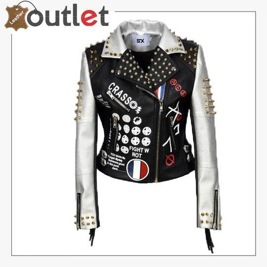 Women Punk Biker Jacket Letter Print Graffiti Rivet Fringe Coat