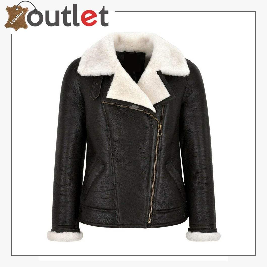 Women Sheepskin Jacket White Real Shearling Fur Pilot Warm Bomber Jacket - Leather Outlet