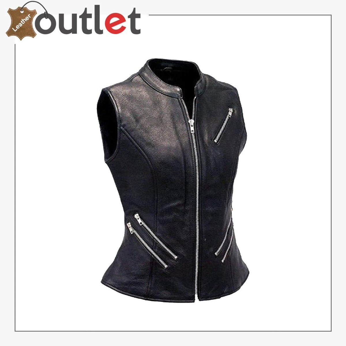 Women black zipper genuine lambskin leather vest, front view