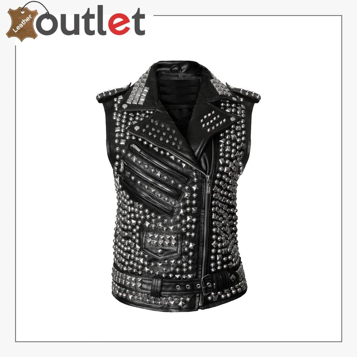 Handmade womens black leather studded vest, front view