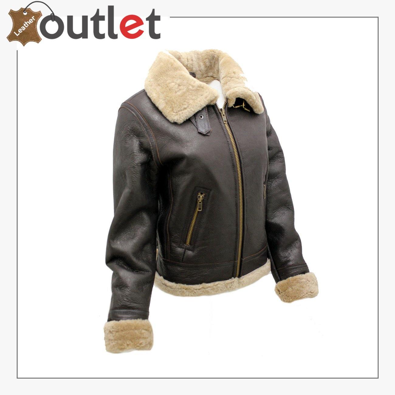 Women's Brown B3 WW2 Ginger Real Thick Sheepskin Leather Flying Jacket - Leather Outlet