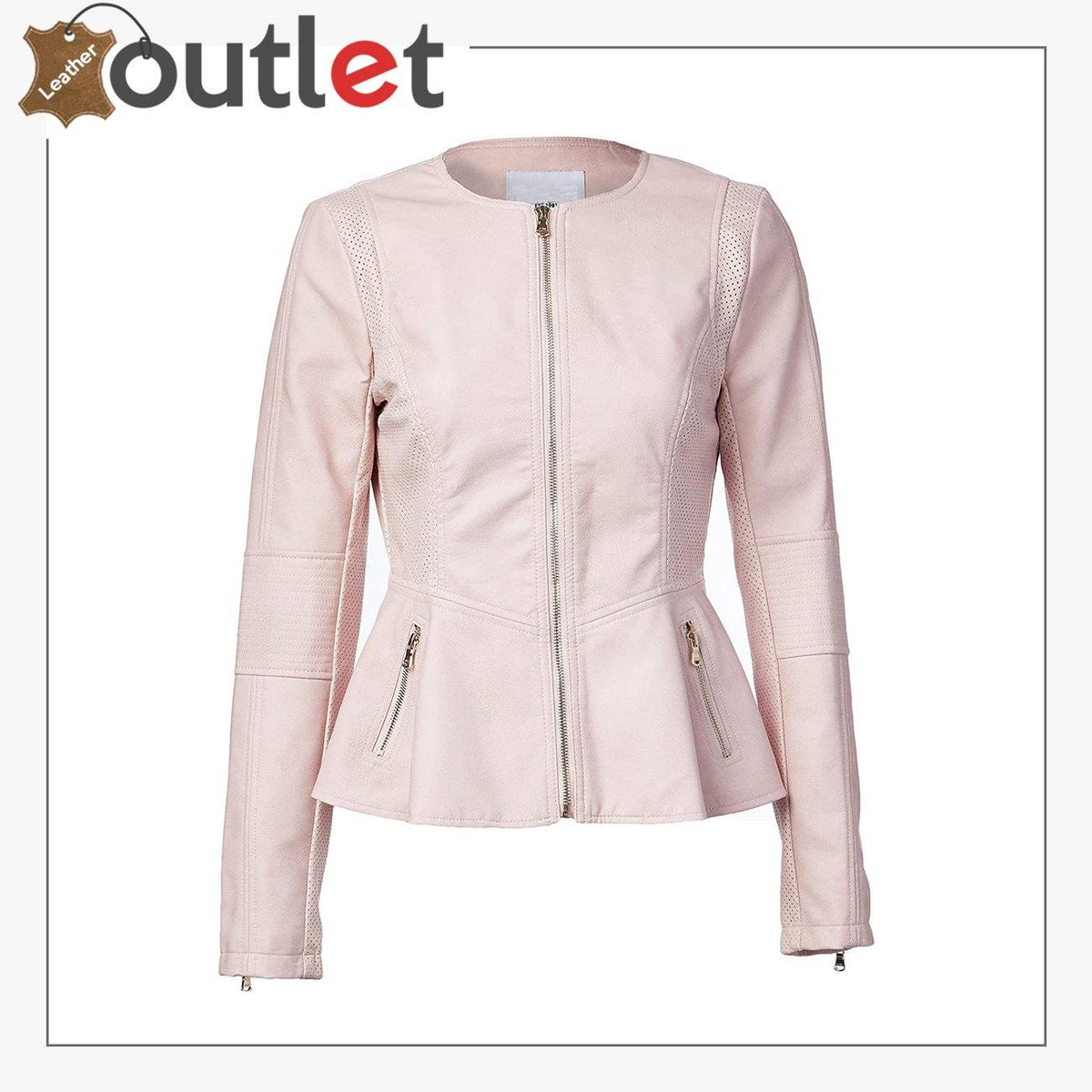 Women's peplum hem faux leather jacket in black, front view showing flared waist