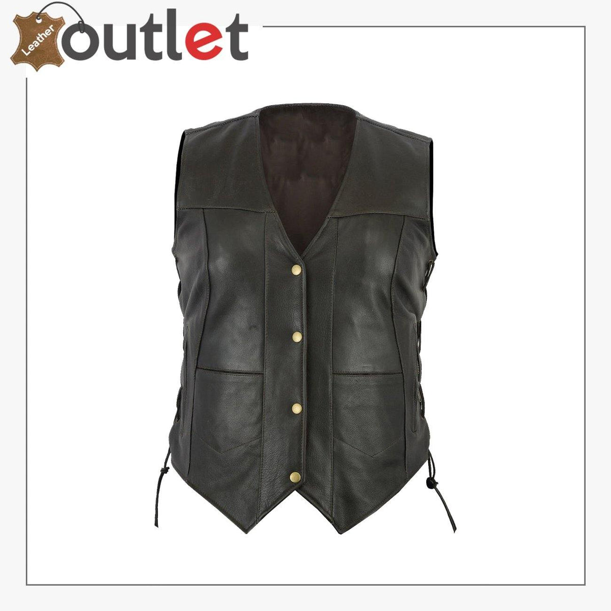 Womens black cowhide leather biker vest with pockets, front view