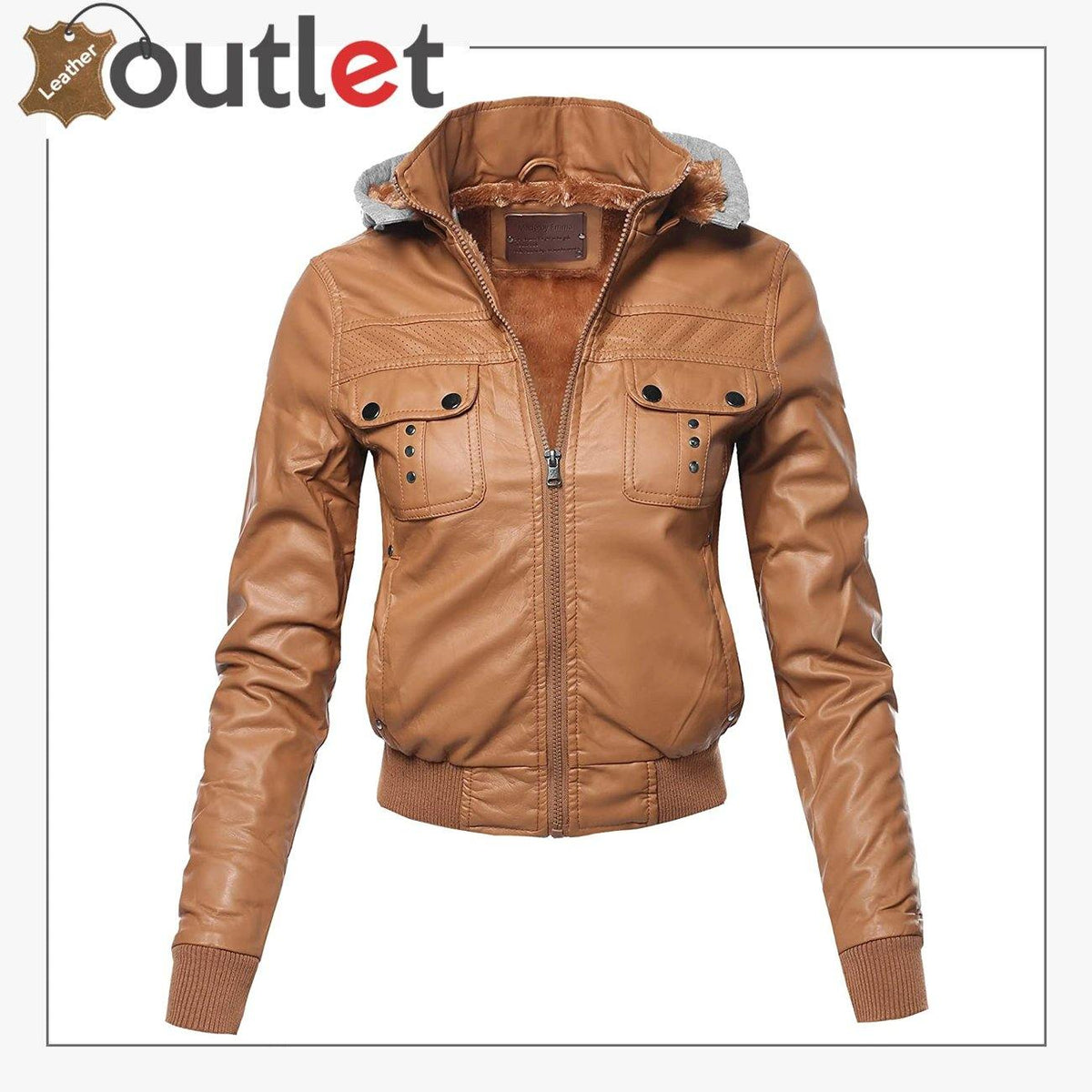 Womens black leather bomber jacket with zip detailing, front view