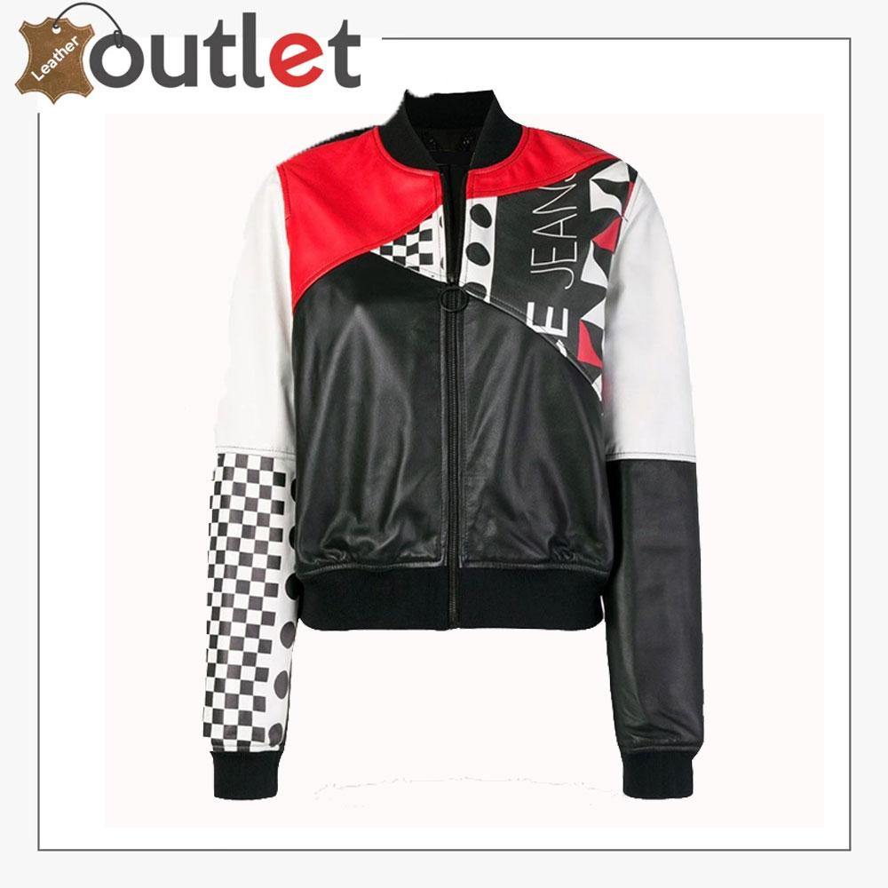 Womens printed bomber leather jacket with ribbed cuffs and hem